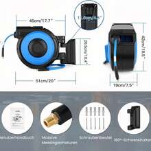 Enrollador de manguera de aire comprimido de 15 m + 2 m, anti-torsión, giratorio 180°, máx. 20 bar, Ø 9,5 mm, con acoplamientos rápidos metálicos monomanuales y soporte de pared.