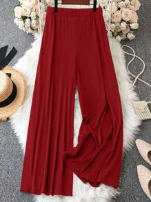 Plus Size Women Wide Leg Pants, Solid Color, High Waisted A-Line Design With Button Detail, Comfortable For Casual Outings