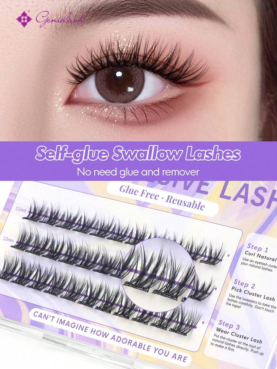 [33Pcs]GENIELASH Swallow Glue Free False Eyelash | Self-Adhesive Eyelash | No Glue Eyelash Lash