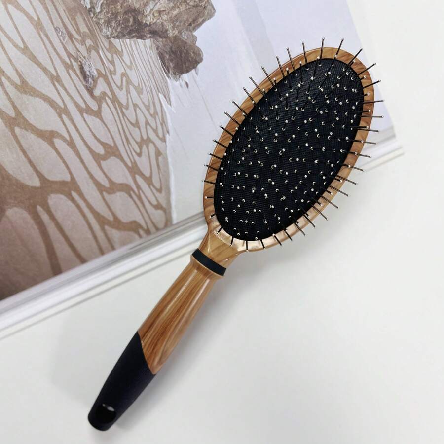 1PC Professional Wood Pattern Massage Comb, Anti-Static Air Cushion Hair Brush, Stainless Steel Bristle Hair Brush, Wide-Tooth, Multi-Functional For Smooth Styling, Detangling, All Hair Types, Ideal Gift, Hairdressing Fine Toothed Plastic Hairbrush