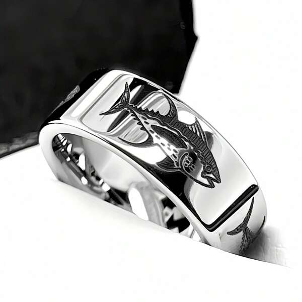 Bague requin argentée, bague en acier inoxydable et acier de titane pour hommes et femmes, pour les passionnés de requins, bague de surfeur d'été, taille 6-12