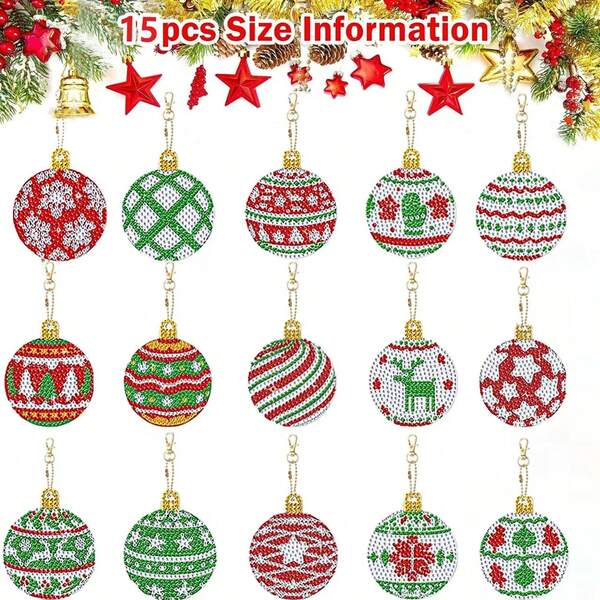 15pcs/Set DIY Diamond Painting Christmas Keychains Decoration - Christmas Ball Design Acrylic Special Shape Crystal Rhinestone Diamond Art Christmas Ornaments For Christmas Tree Decor, Handmade Crafts Art Pendants For Home Office Restaurant Christmas Party Decoration, Great Gifts For Friends And Family