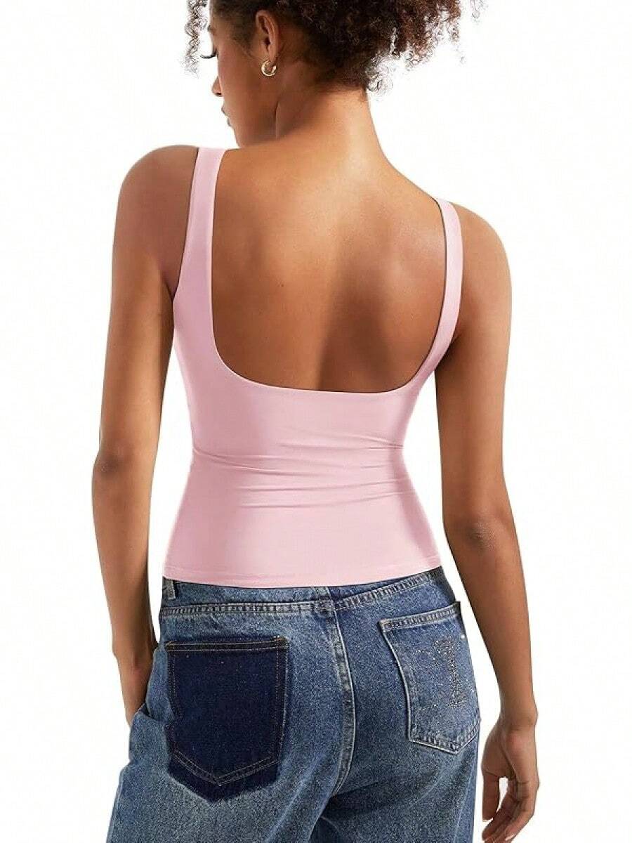 SUUKSESS Women Padded Open Back Boat Neck Tank Tops Double Lined Basic Shirts Halloween Christmas New Year - Pink - View 1