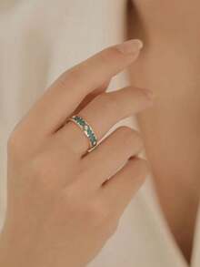 1 件独特花卉印花优雅设计精致薄荷绿珐琅可调节戒指 - 墨綠色 - 查看 2