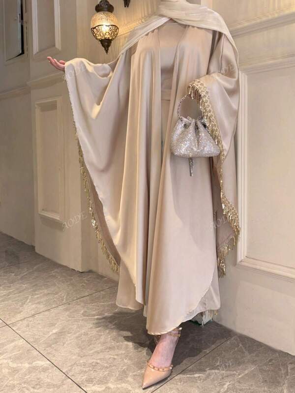 Conjunto de 2 piezas: Elegante cárdigan abierto con flecos tipo jalabeya y vestido recto de cuello redondo, traje de lujo para fiesta/graduación/boda
