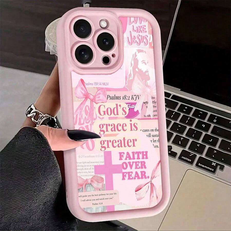 Gods Grace Is Greater Than Fear  Pink Phone Case For IPhone X/XS/11/12/13/14/15/16 Pro -Anti-Scratch With Full Camera Protection - Stylish & Durable -Cute Aesthetic Gift For Girls,Women - 粉色 - 查看 1