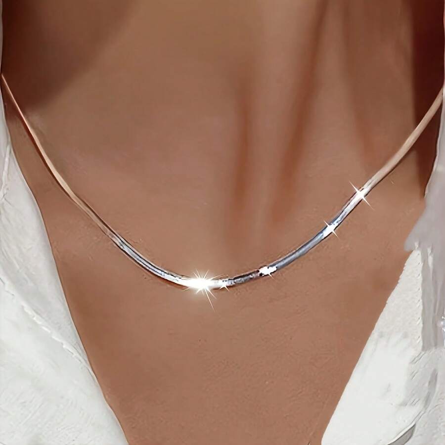 Elegant Titanium Steel Flat Snake Bone Chain Necklace - Hip Hop And Minimalist Style, Suitable For Daily Wear Or Gift Giving - 銀色 - 查看 1
