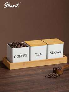 3 件套带竹盖的密封咖啡储存罐 - 方形铁艺艺术展示容器，用于咖啡豆、茶、零食和干粮、厨房食品储藏室整理（3 件套）