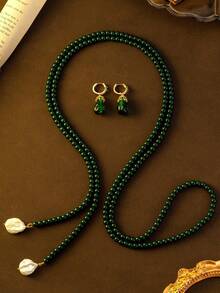 1 套祖母绿色串珠项链和耳环时尚首饰套装，优雅百搭，适合派对和场合