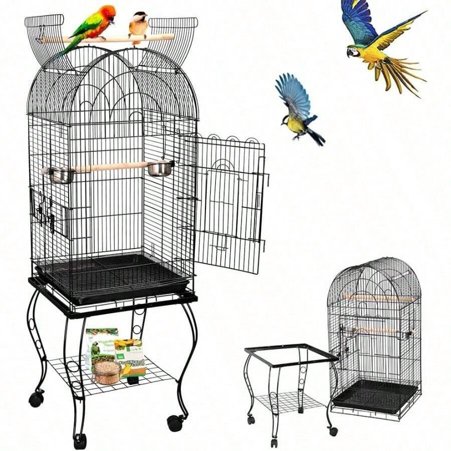 Jaula de aves de 63,5 pulgadas mediana con tapa abierta, jaula para periquito, loro, cacatúa y conure de mejillas verdes con soporte desmontable y ruedas giratorias - 1 - Ver 1