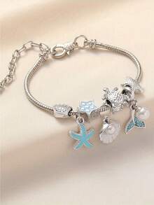 1 件海洋风格项链，带鱼尾、贝壳、海龟、海星、珍珠美人鱼尾巴、可调节铜手链，适合女性、海滩派对、度假和日常佩戴，馈赠佳品