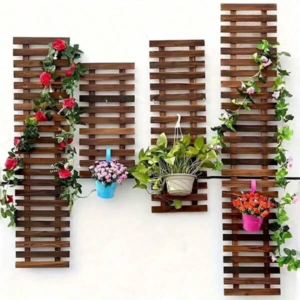 1 PIEZA Estantería de pared de madera rústica para flores - Enrejado de jardín, estantería para plantas decorativa de interior con múltiples compartimentos para balcón, sala de estar y arreglos florales, decoración de balcón | Estilo de estantería de listones | Estantería de jardín de madera, decoración de jardín