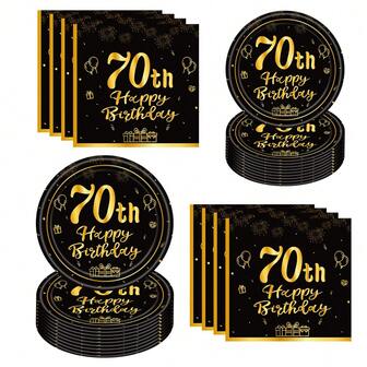 10pcs/20pcs/40pcs/60pcs/Set, 70th Birthday Party Decorations 70th Theme Birthday Party Tableware Vintage 1955 Party Supplies 70th Birthday Party Decorations Plates Napkins Black And Gold Tableware Men Women Gifts Table Decorations Halloween Table Decorations