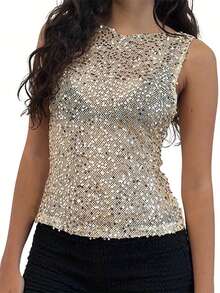 Women's Sequin Tank Tops Slim Fit Sheer See Through Stylish Solid Casual Sleeveless Vest For Summer  Spring - 黑色和金色 - 查看 7