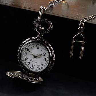 1pc Vintage Engraved Flip Cover Pocket Watch, Classic Quartz Analog Timepiece