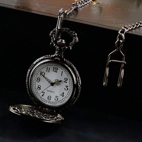 1pc Vintage Engraved Flip Cover Pocket Watch, Classic Quartz Analog Timepiece