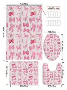 [1/4 pièces Ensemble salle de bain rêve] 1/4 pièces Ensemble de rideaux de douche rose cerisier délicat, tapis de toilette en U, housse de siège de toilette, ensemble de salle de bain décoratif, avec 12 crochets Rentrée scolaire