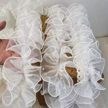 1 rollo/1M 12cm Cinta de encaje de tul plisado denso con cuentas, cinta de satén con diseños florales para manualidades y embalaje, adorno fruncido de organza brillante con perlas