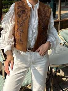 Seelio Spring/Autumn New Women's Embroidered Decoration Fleece Effect Vest