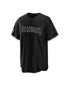 Maglietta da uomo con scollo a V in jersey da baseball nera con bottoni, maniche corte, con ricami e cuciture, da indossare in occasioni casual, sportive o di partito