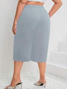 大码高腰阔腿七分短裤 - 淺灰色 - 查看 2