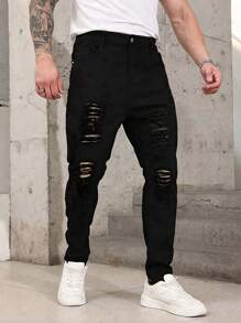 1pc Men's Black Stretch Denim Jeans, Streetwear Casual Jogger Pants, Breathable Skinny Ripped Jeans Suitable For City Walking, Parent-Child, Outdoor Activities