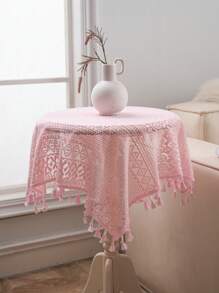 Tokoto 1pc Pink Hollow Out Table Cloth, Bohemian Modern Square Tablecloth, Suitable For Christmas Decor, Halloween Party, Decorating Small Tables, Bedside Tables, Sofas, Cabinets, All Seasons