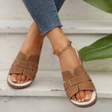 Women's Wedge Heel Slides Sandals, Fashion Stitched Casual Slip On Flat Preppy Beach Vacation Shoes For Summer