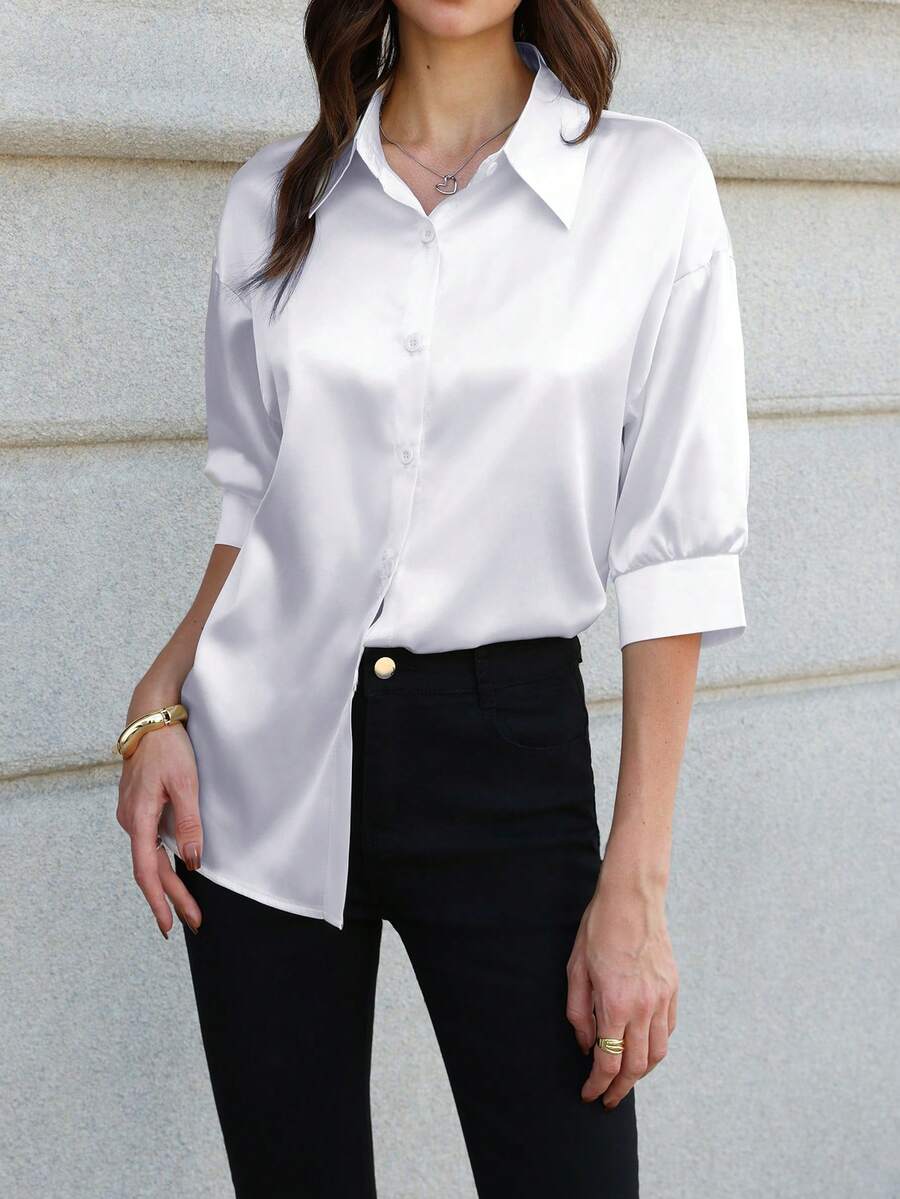 Elegant Satin Shirt For Women, Classic Soft Comfortable Solid Color Single-Breasted Lapel Drop Shoulder Loose Casual Short Sleeve Blouse, Summer 2026 New Arrival - White - View 1