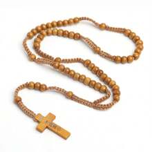 1pc Handmade Wooden Bead Rosary Necklace With Cross Pendant
