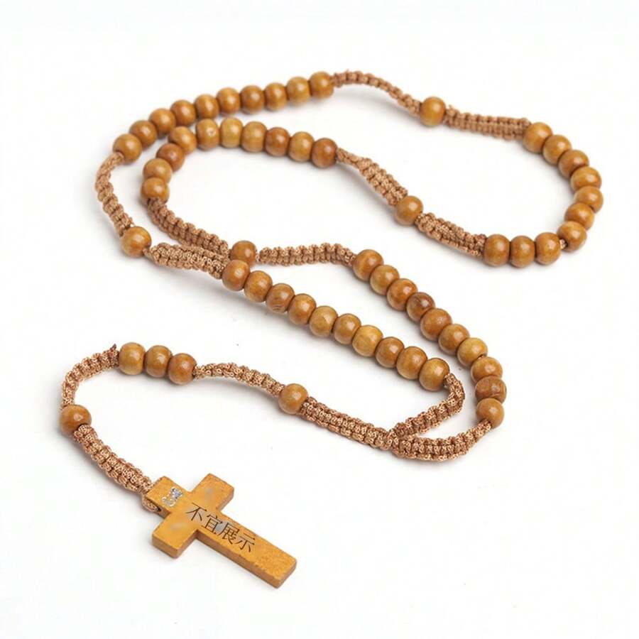 1pc Handmade Wooden Bead Rosary Necklace With Cross Pendant