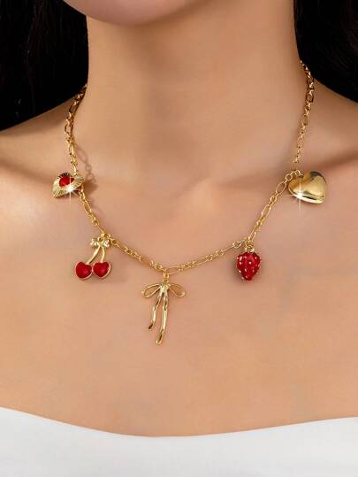 1 pezzo Collana con ciondolo a forma di fiore, ciliegia, fragola, cuore, colore oro, adatto per uso quotidiano delle donne, decorazione per festival musicali