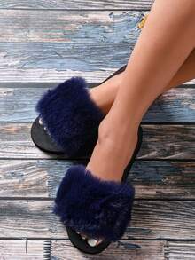 四季舒适，女士时尚毛绒拖鞋，蓬松装饰单带拖鞋春夏女士凉鞋，夏季可手洗织物鞋面和鞋垫，舒适家居鞋 - 藍色 - 查看 5