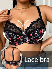 Plus Size Women's Fashionable Daily Comfortable Underwire Printed Bra, Lift - Black - View 2