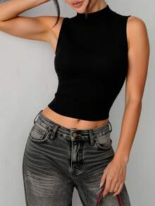 Retro pół-wysoki kołnierzyk z jedwabiu lodowego dzianinowa kamizelka damska letnia, dopasowana, bezrękawnikowa koszulka z dołem, odpowiednia do dojazdów do pracy