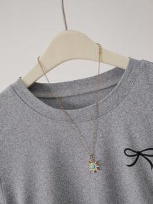 Women Casual Elegant Bow Detail Printed Ruffle Solid Color Short Sleeve Mini Dress - Grey - View 4