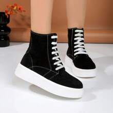 Tênis de Moda Feminina 2025 Primavera Outono, Tênis Esportivos, Sapatos Casuais com Sola Grossa e Respiráveis, Botas Estilosas Mid-Calf com Cadarços e Zíper Lateral