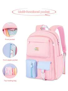 1 pieza Mochila con bloques de color adorable de dopamina (con colgante adorable), mochila grande para niñas, material de poliéster, cierre con cremallera, adecuada para la escuela, el trabajo, el viaje diario, de vuelta a la escuela como regalo