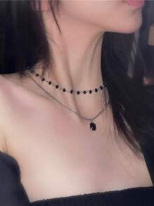 1pc Black Double-Layer Rhinestone Decor Necklace, Minimalist Delicate Luxurious Collarbone Chain For Women