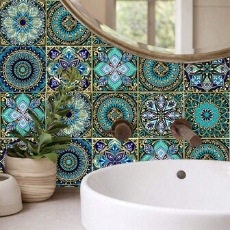 Autocollants de carreaux de céramique mate à motif mandala, décalcomanies autocollantes pour rénovation et décoration des murs de cuisine et de salle de bain, papier peint, papier mural, stickers muraux, décoration de pièce, décoration murale, sticker mural