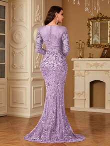 hezixi Stretchy Sequin Dress, Comfortable Fit For Different Body Types, Sheer Round Neck Long Sleeve Bodycon Mermaid Hem Formal Gown - 紫丁香色 - 查看 6