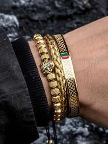 男士手链，手工编织手链，男士商店，CZ豹纹头像，珐琅绿红手链，不锈钢首饰