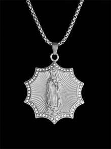 1 pièce Collier pendentif unisexe à la mode en zirconium artificiel chrétien en forme de tournesol de la Vierge Marie, protection du corps et bijou de prière, cadeau