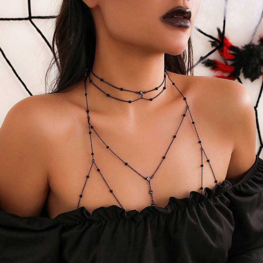 1 Pcs Sexy Exaggerated Beach Casual Body Clothing Chain Necklace Pendant Tassel Chest Chain - 黑色 - 查看 1