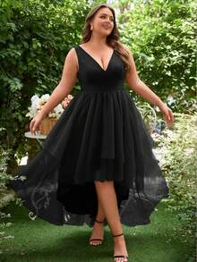 Plus Plunge Neck High Low Hem Mesh Dress - Black - View 7