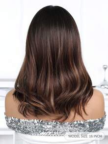 16 Inch Long Body Wave Highlight Brown Synthetic Wig Middle Part Light Blonde Long Curly Wig For Women Daily Paty Cosplay Wigs, Vacation Travel Family Party Everyday Wear, Mother's Day Gifts, Halloween Christmas Gifts, Gifts For Girlfriends, Gifts For Girlfriends - 挑染棕色 - 查看 10