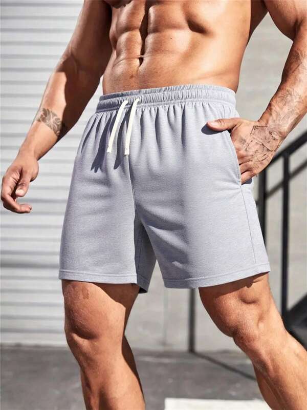 Men's Casual Light Grey Drawstring Knit Shorts, Regular Fit Elastic Waist Athletic Pants, Sports Jogger Pants For Men