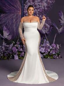 加大婚纱新娘礼服 | 奢华露肩缎面美人鱼婚纱，搭配闪亮长袖装饰，非常适合教堂婚礼、海滩晚会、空灵花园招待会和豪华晚宴 - 白色 - 查看 5