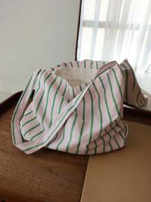 Collegiate Style Light Green Stripe Shoulder Bag For Women, Minimalist Casual Tote Bag, Lightweight Canvas Commuter Bag