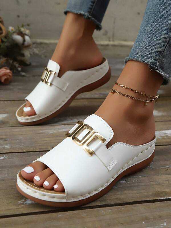2025 Fashionable & Versatile Peep Toe Solid Color Vintage Bohemian Hollow Out Buckle Decor Women Platform Wedge Sandals, Beach & Resort Wear Summer